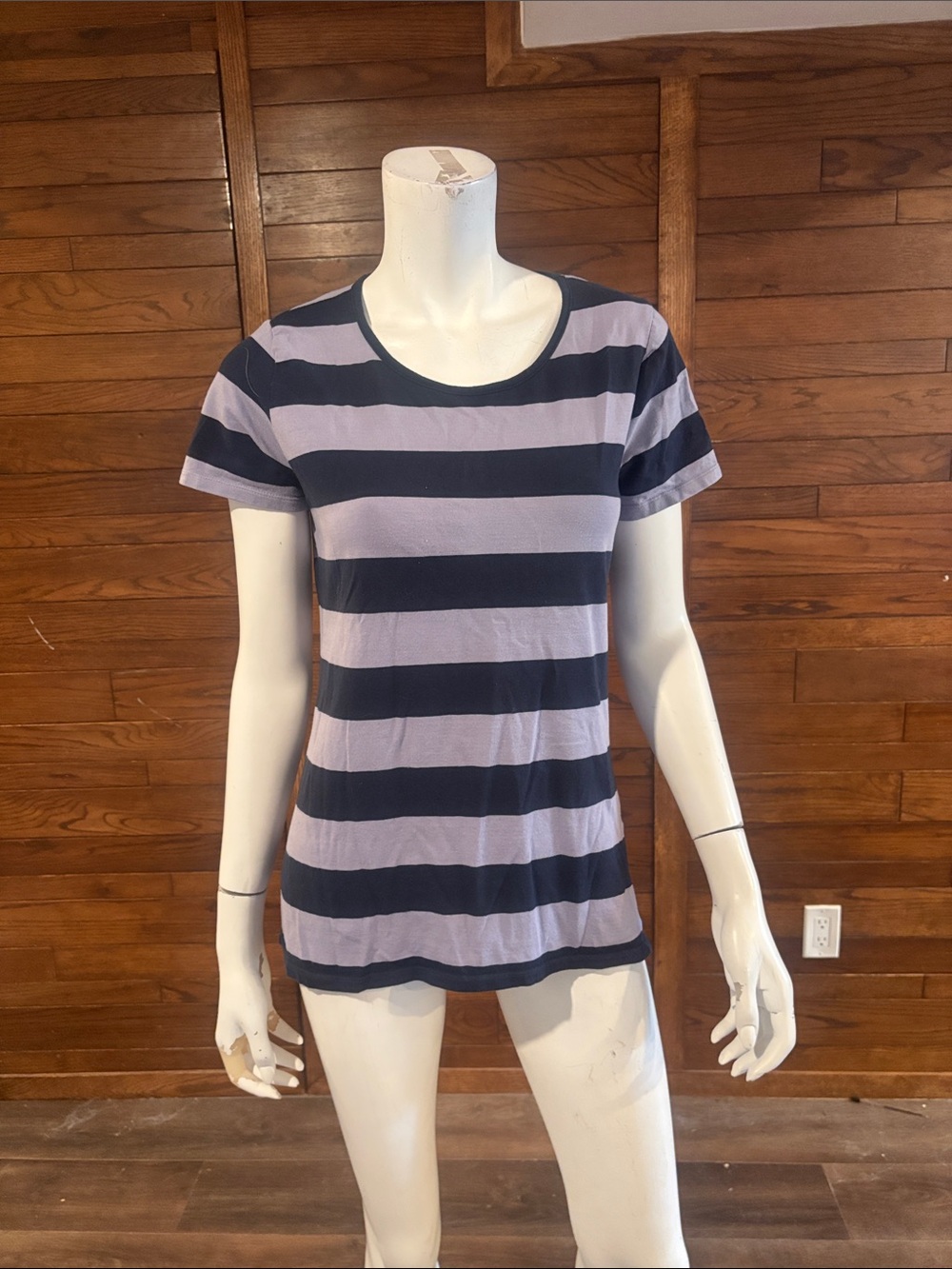 Andrea Jovine Navy and Lavender Striped Short-Sleeve Tee